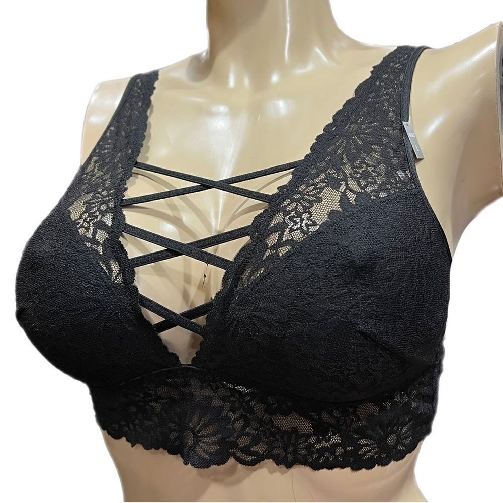 Victoria’s Secret Pink Unlined Sexy Strappy front Bralette Bra black Large
